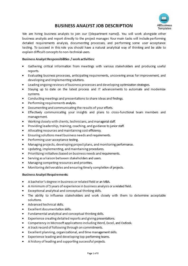 Business Analyst Job Description Templates at