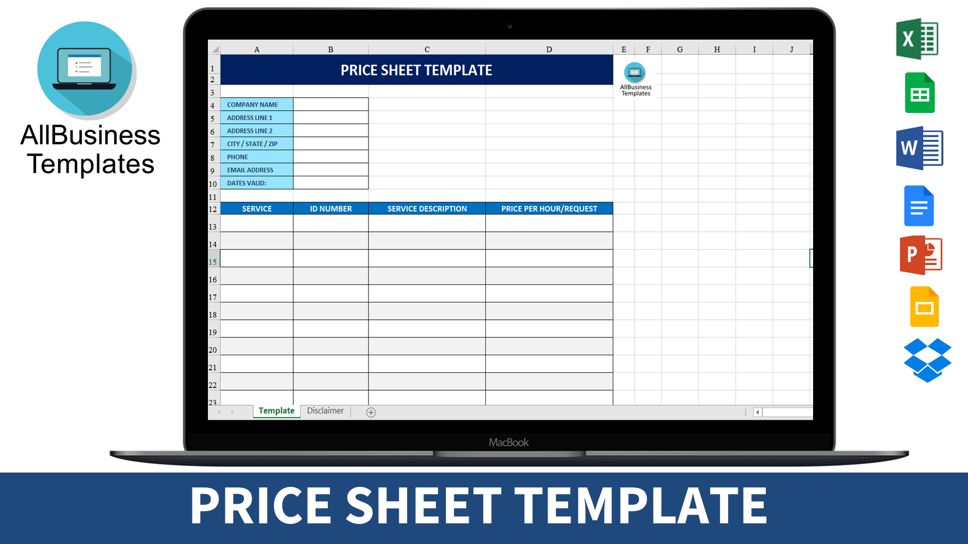 price sheet template modèles
