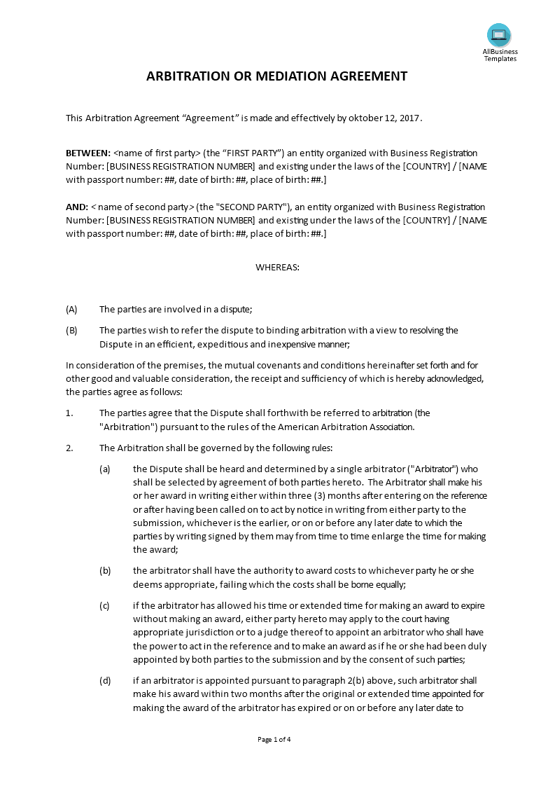 Arbitration Or Mediation Agreement  Templates at Within family mediation agreement template