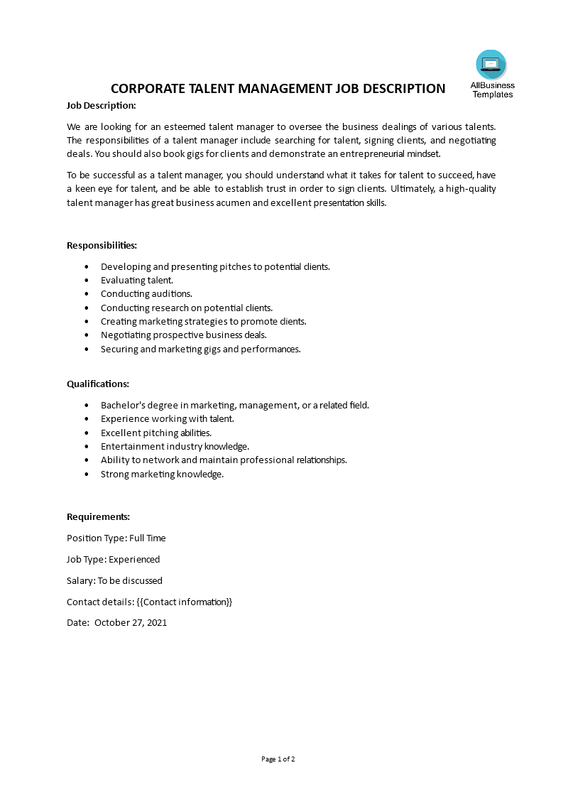 corporate talent management job description template