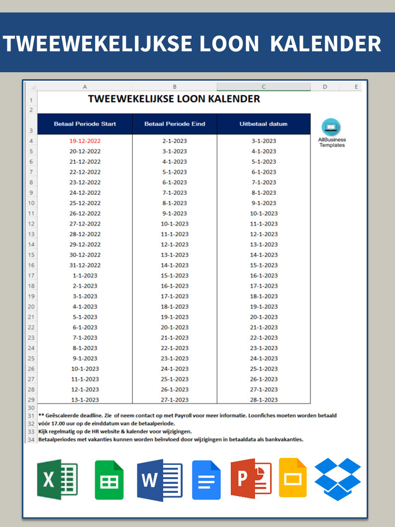 tweewekelijkse loonkalender template