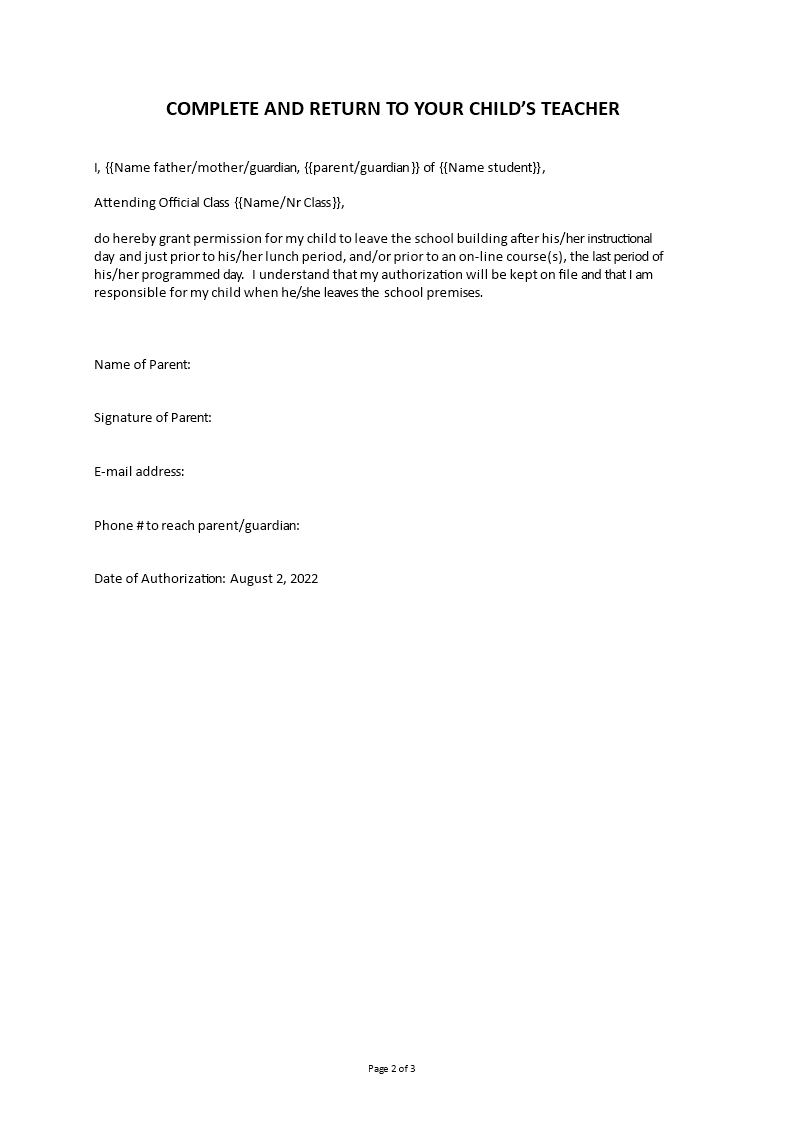 permission letter for school template