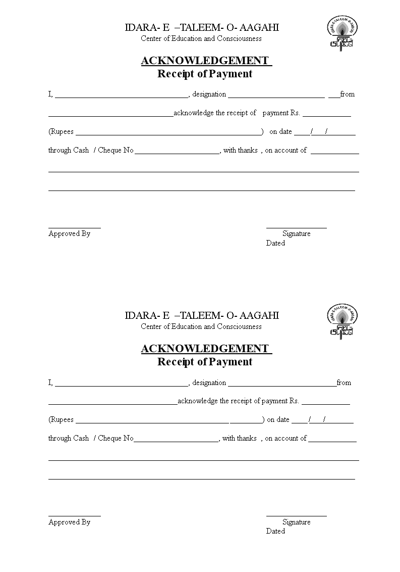 cheque payment acknowledgement letter template