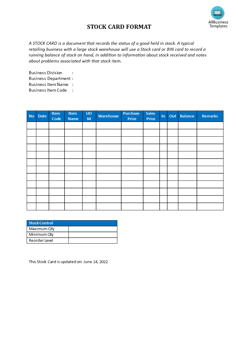 stock card voorbeeld afbeelding 