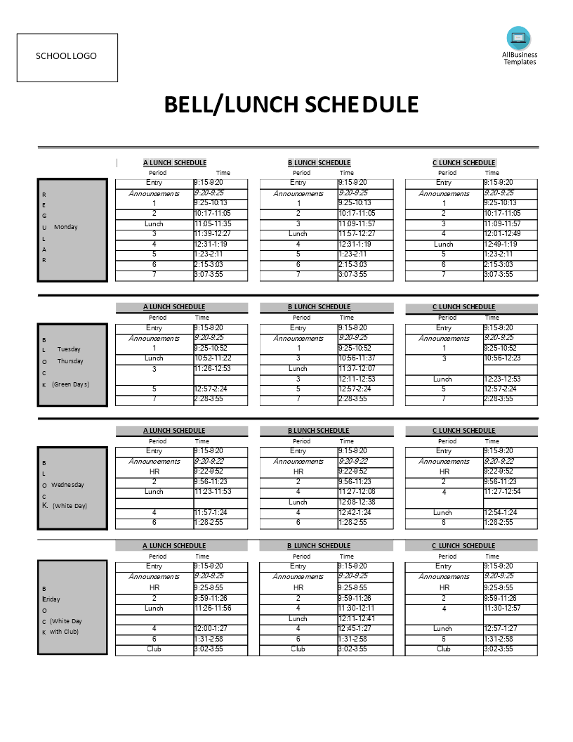 standardized lunch schedule template