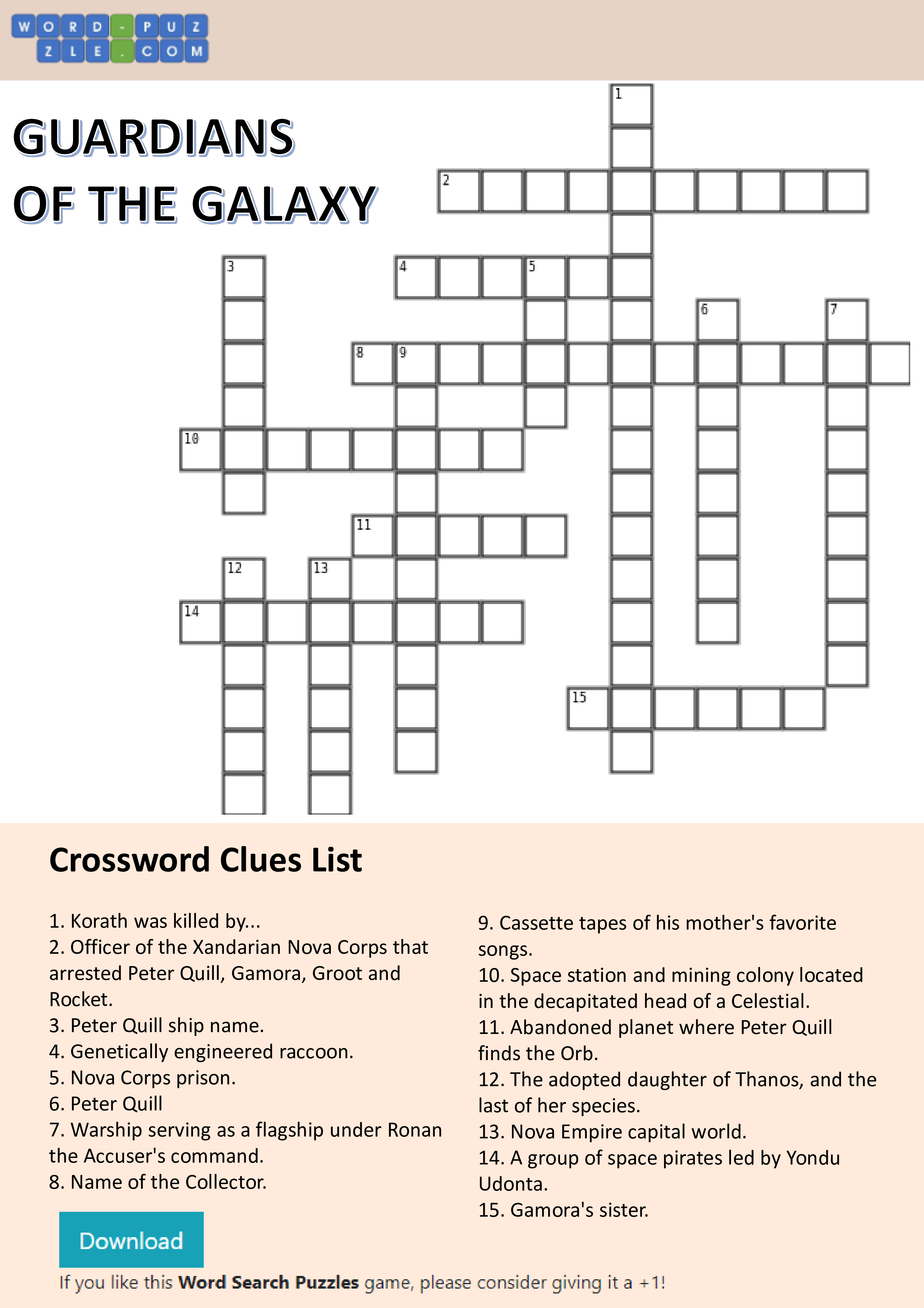 guardians of the galaxy crossword game template