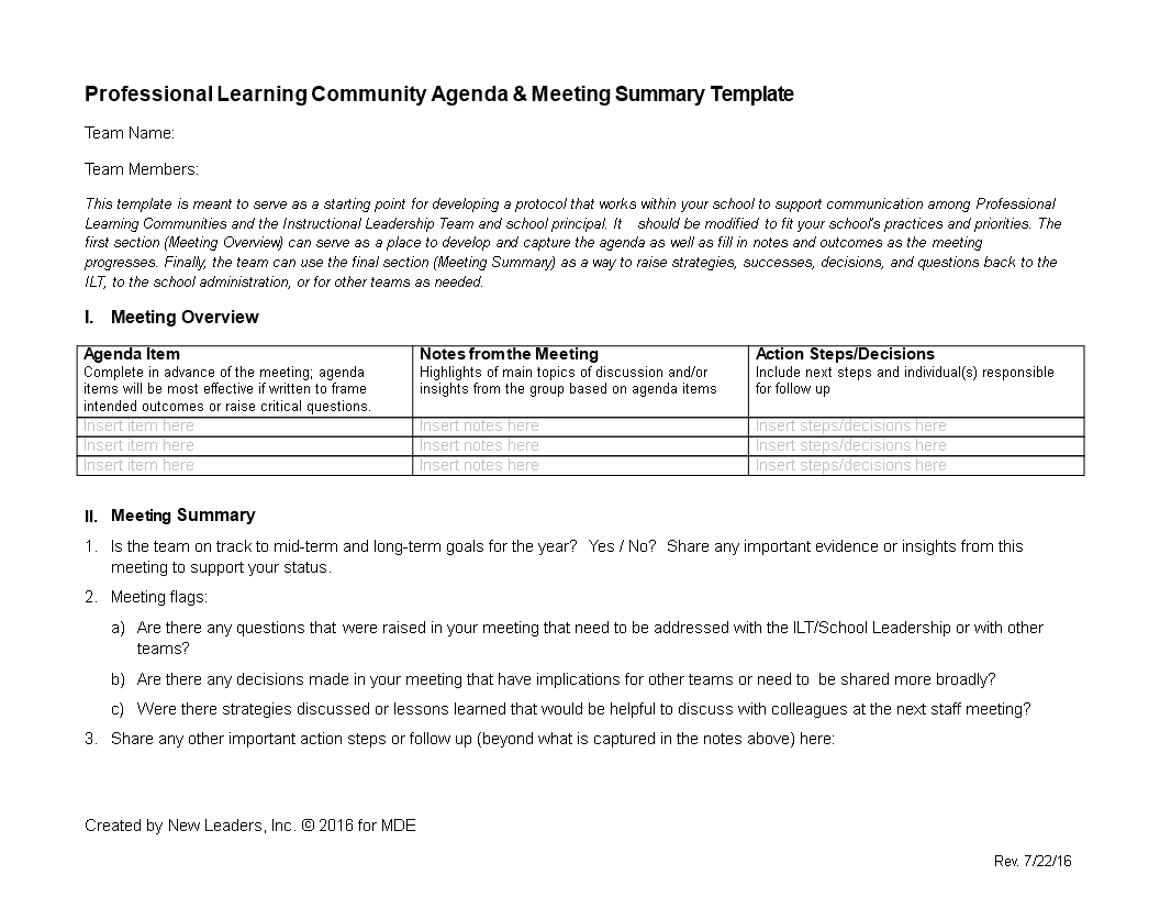 professional learning community agenda template