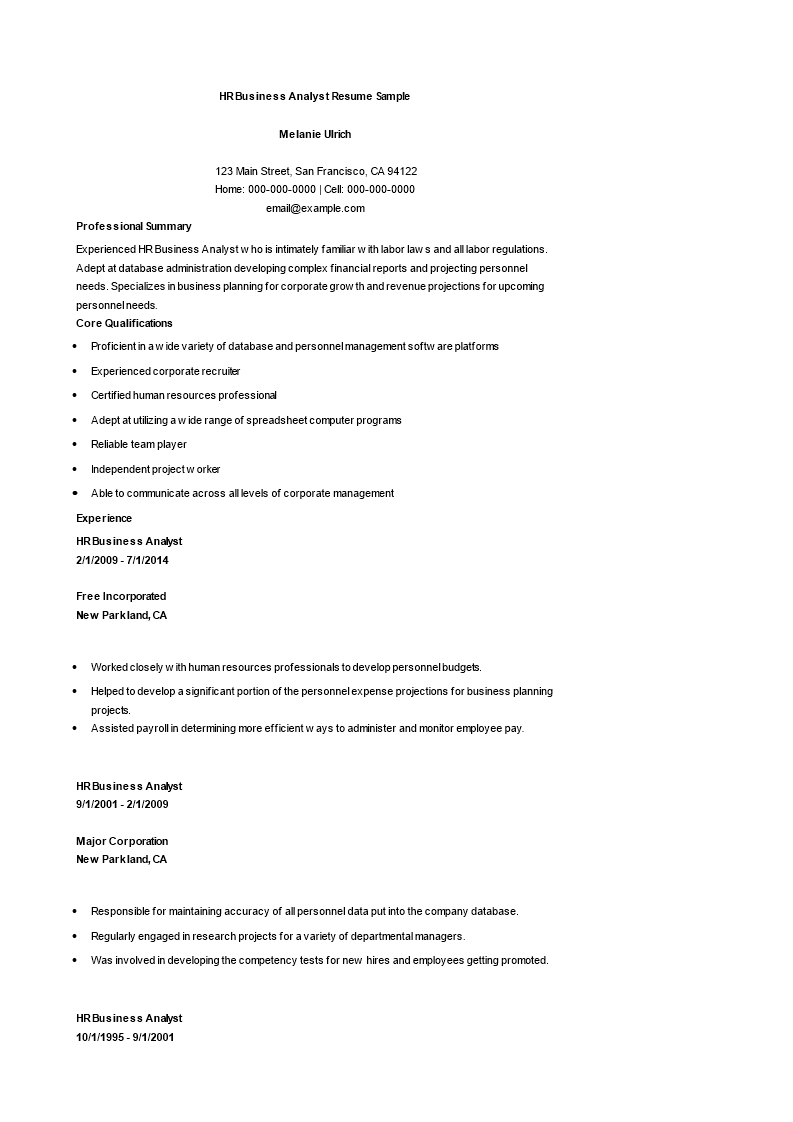 hr business analyst resume sample plantilla imagen principal