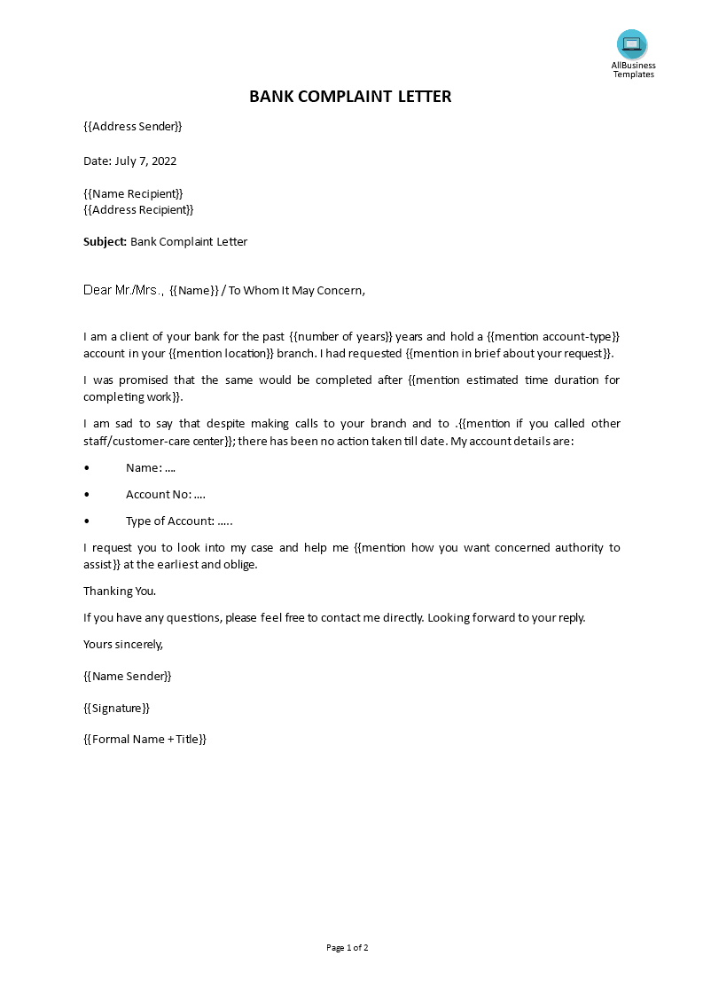 bank complaint letter template