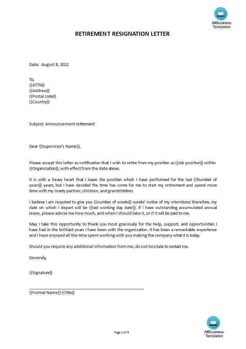 standard retirement resignation letter Hauptschablonenbild