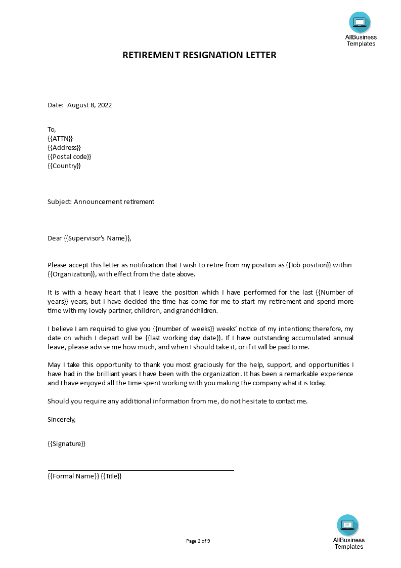 standard retirement resignation letter template