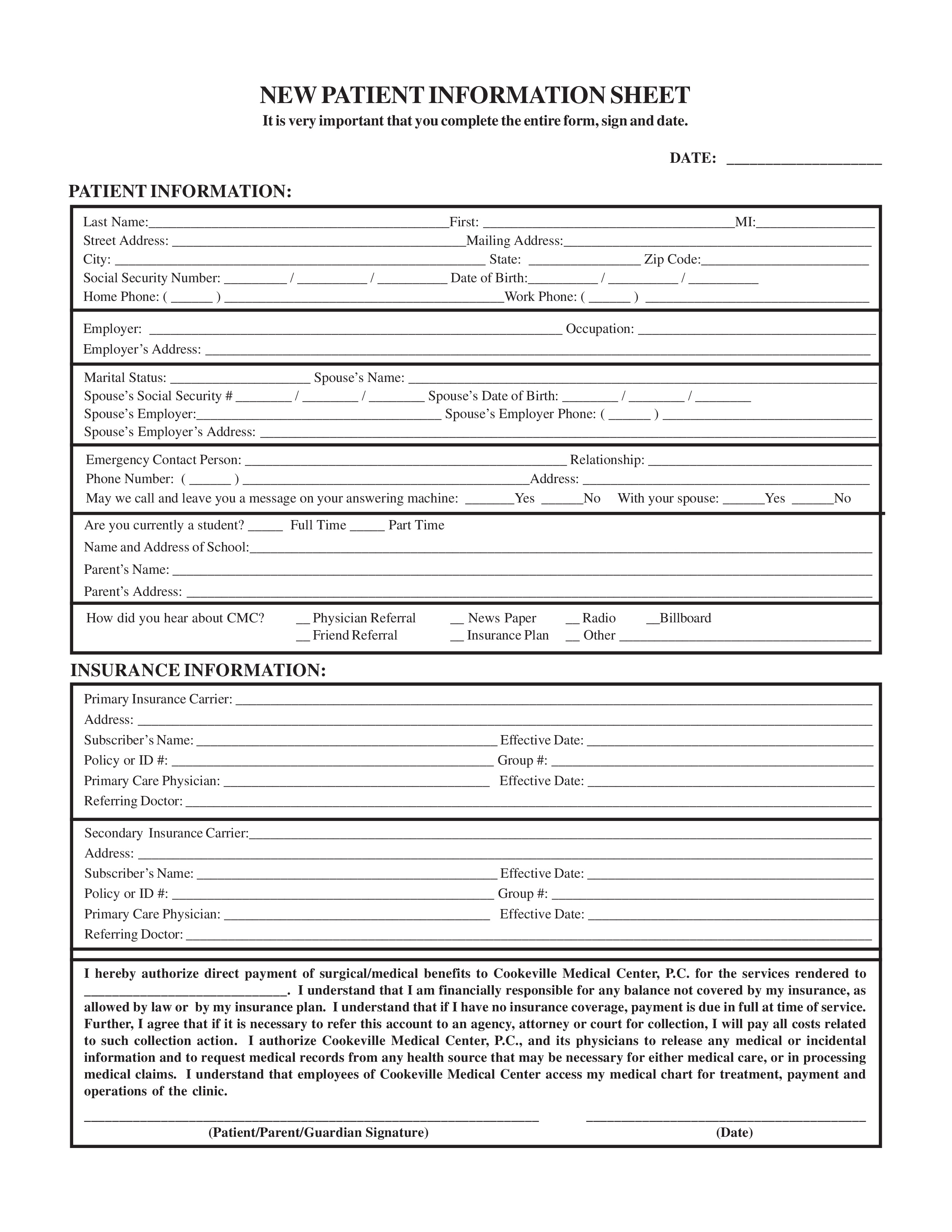 New Patient Sign In Sheet 模板