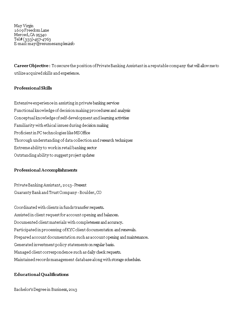 private banking assistant resume plantilla imagen principal