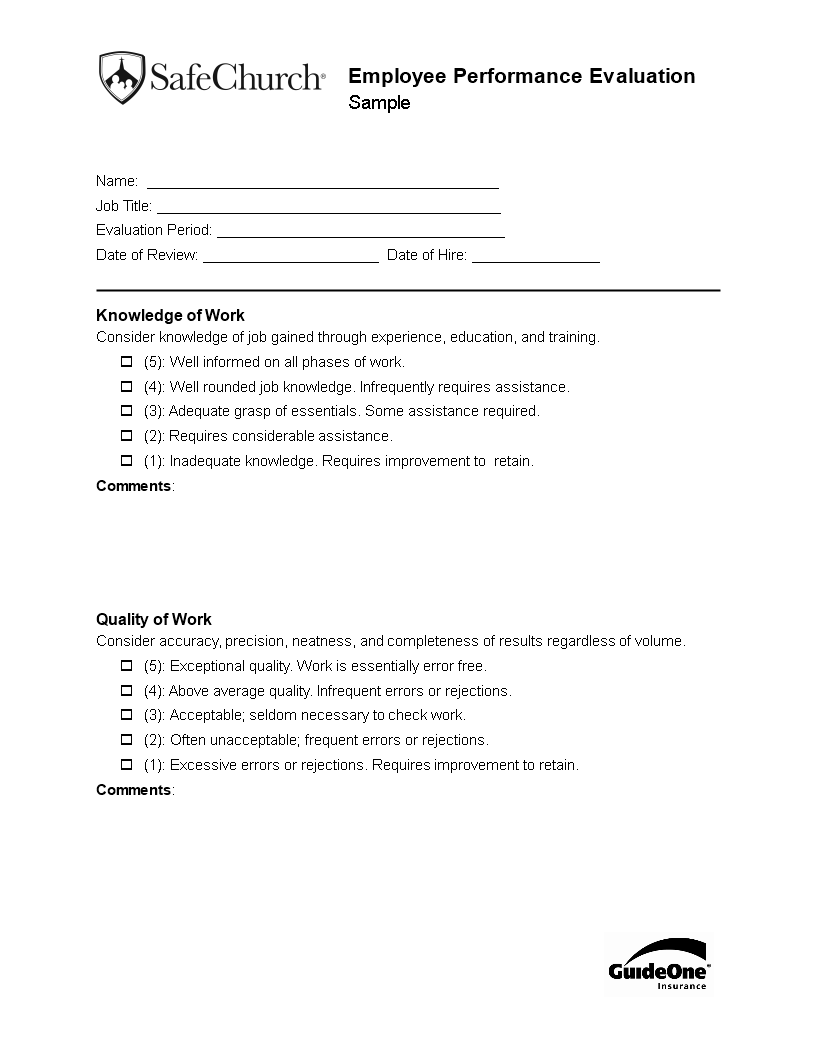 church employee performance evaluation form template