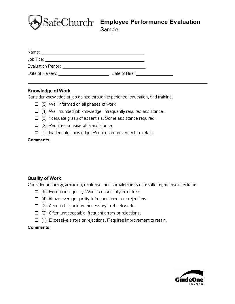 church employee performance evaluation form modèles