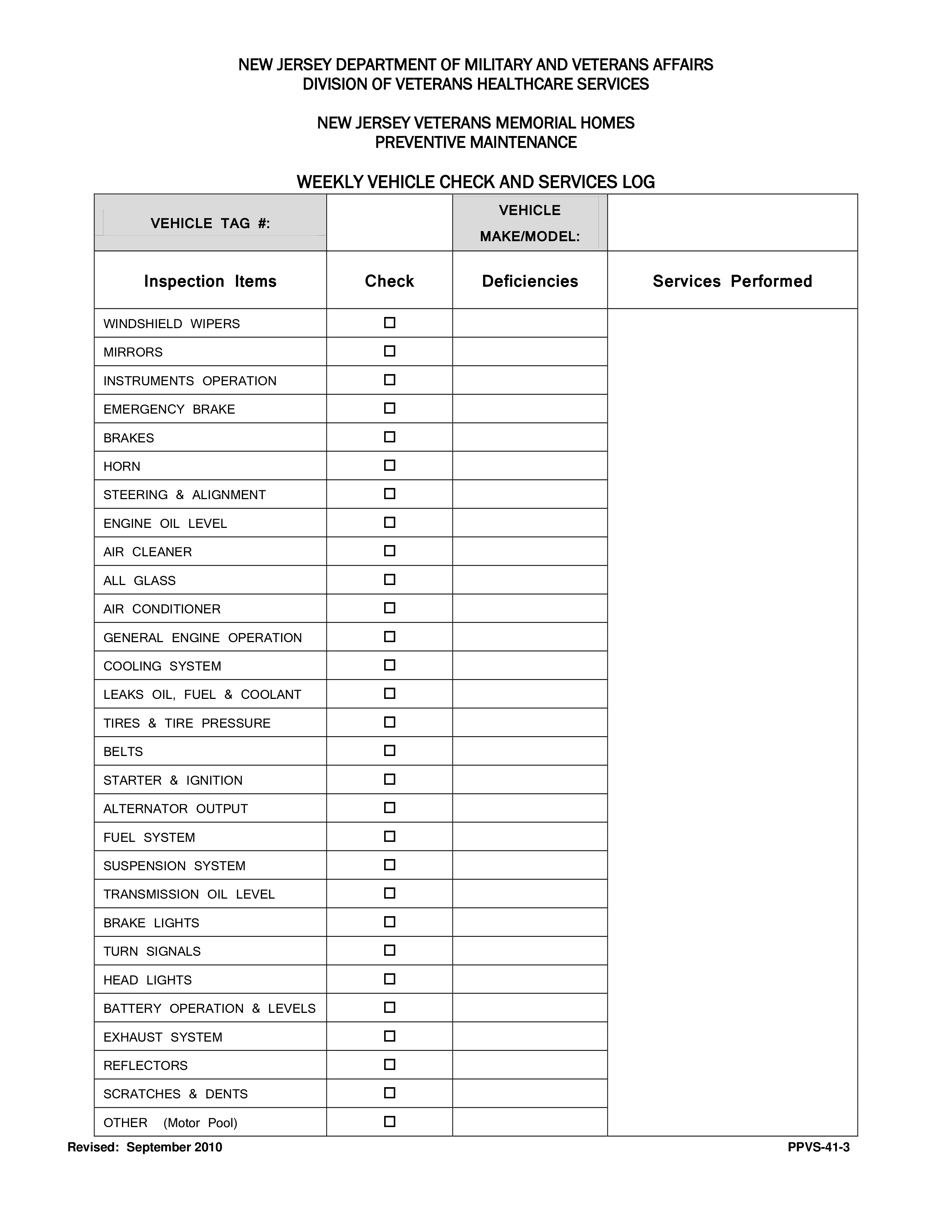 weekly vehicle maintenance log template