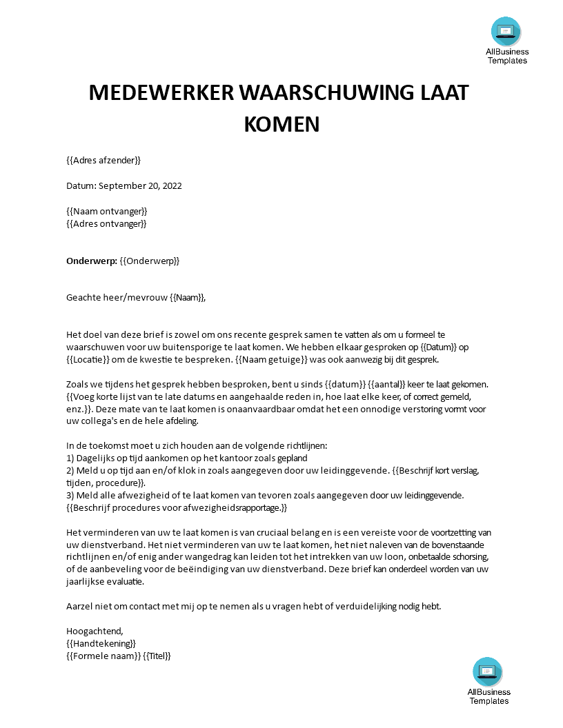 waarschuwingsbrief beëindiging functie template