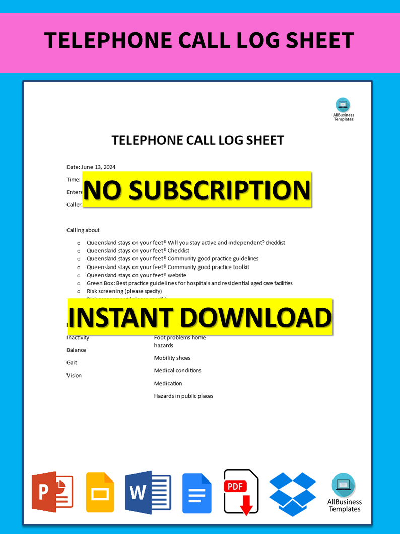 telephone call log sheet Hauptschablonenbild