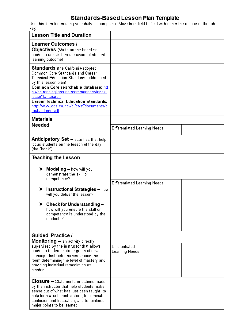Standards Based Lesson Plan Templates At Allbusinesstemplates