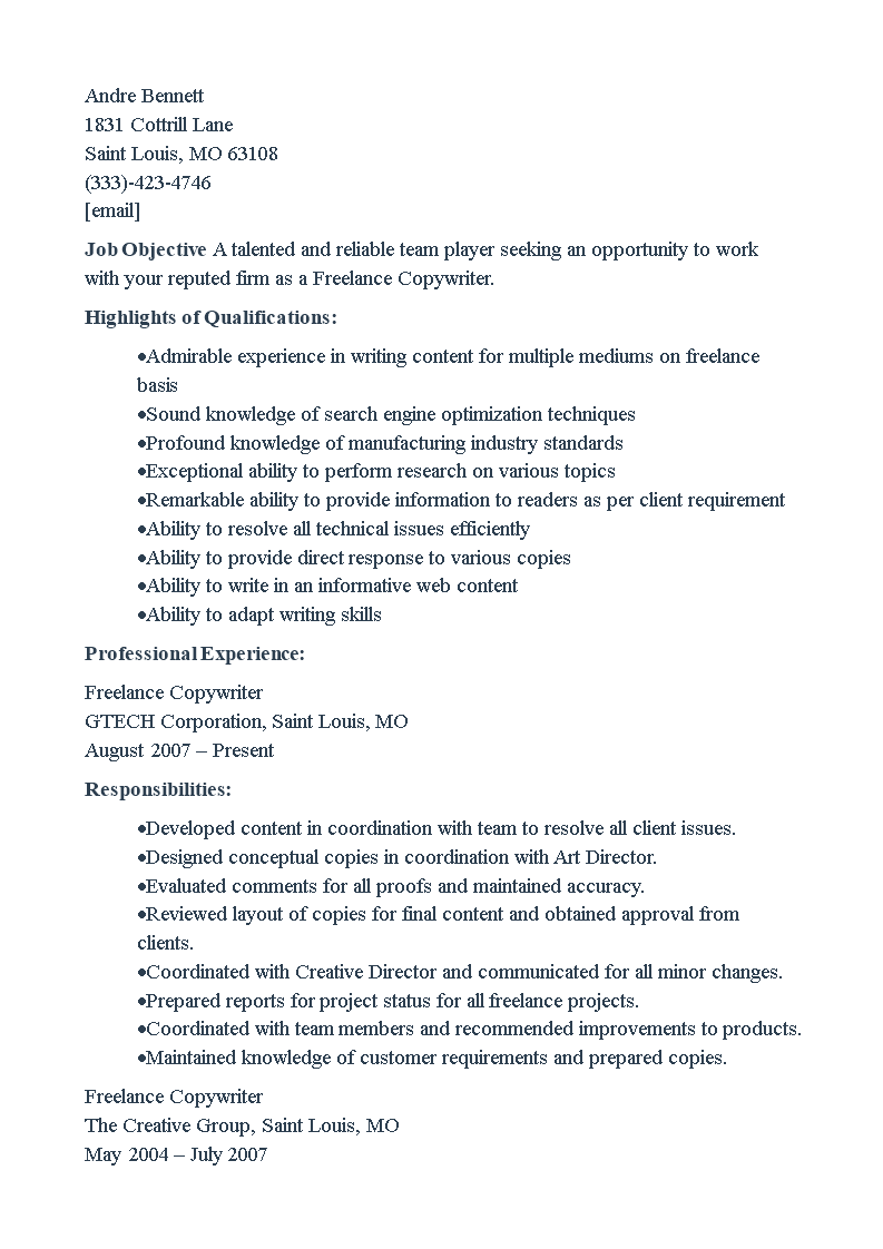 Freelance Copywriter Templates at