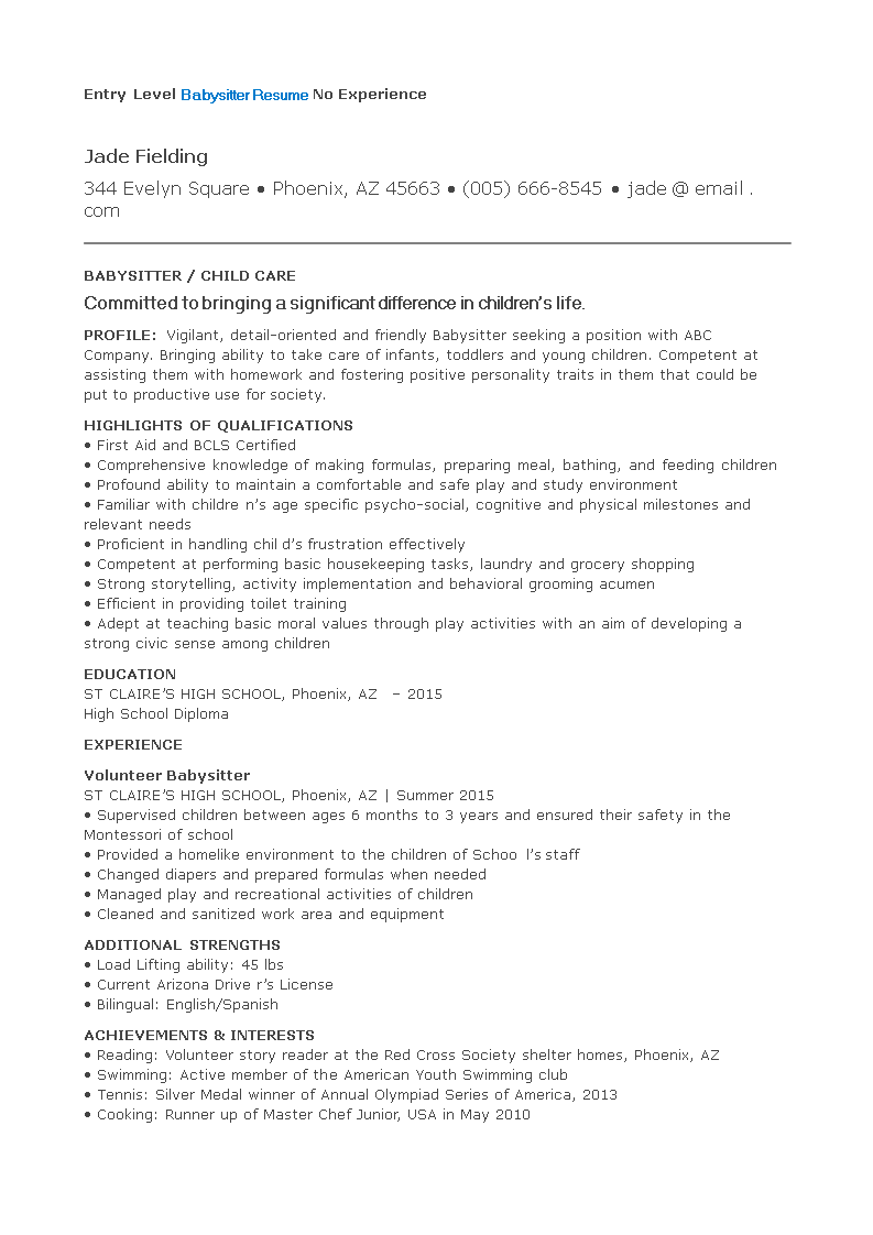 babysitter resume no experience template