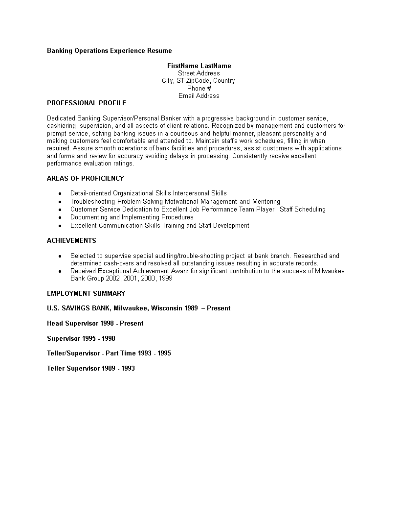 banking operations experience resume template