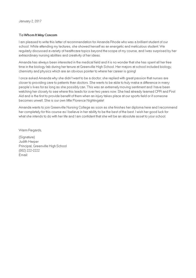 nursing school reference letter modèles