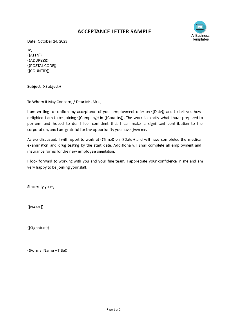 employment offer acceptance letter template