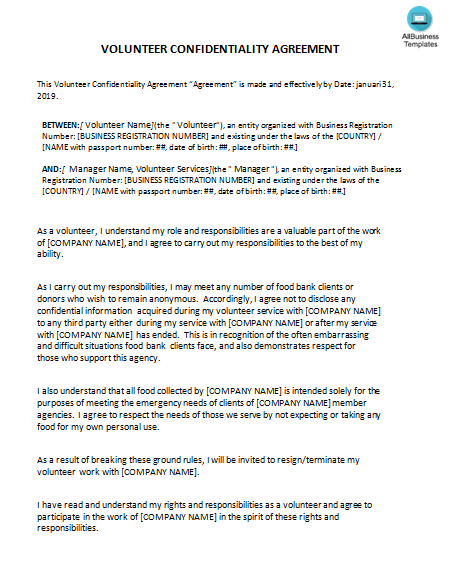 volunteer confidentiality agreement sample modèles