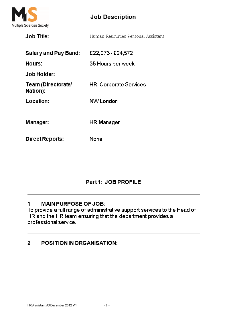 human resources personal assistant job description template