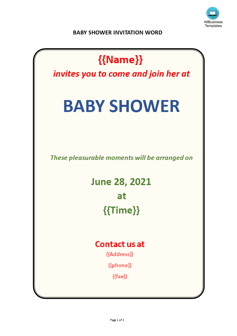 Baby Shower Invitation Word 模板