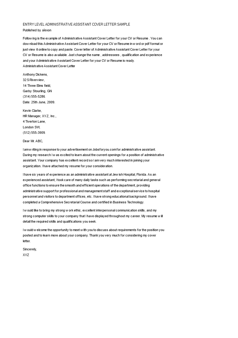 cover letter for entry level administrative assistant Hauptschablonenbild