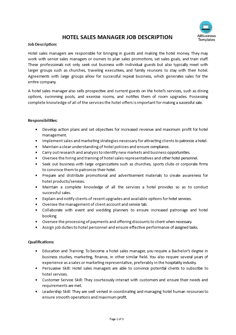 hotel sales manager job description template