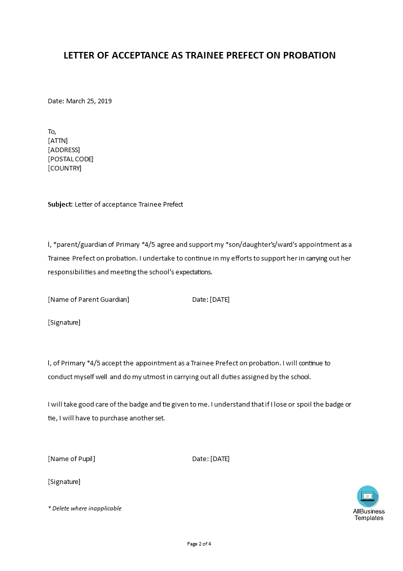 acceptance letter school trainee prefect template