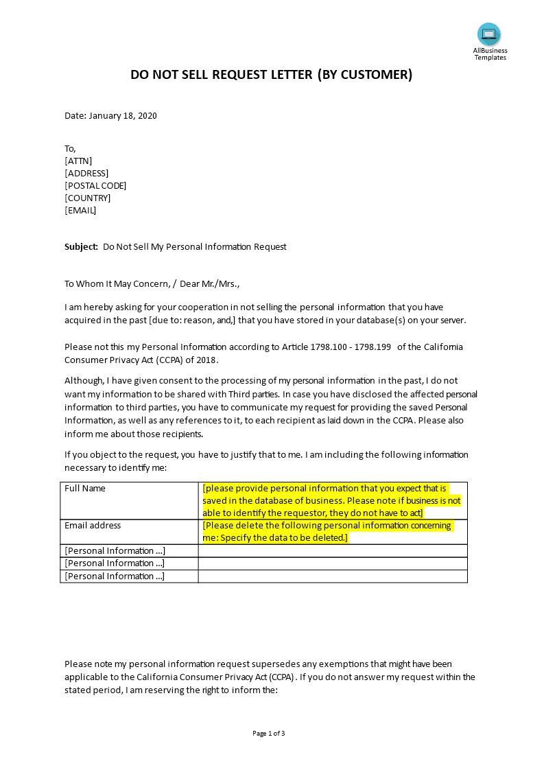 ccpa do not sell personal information letter template