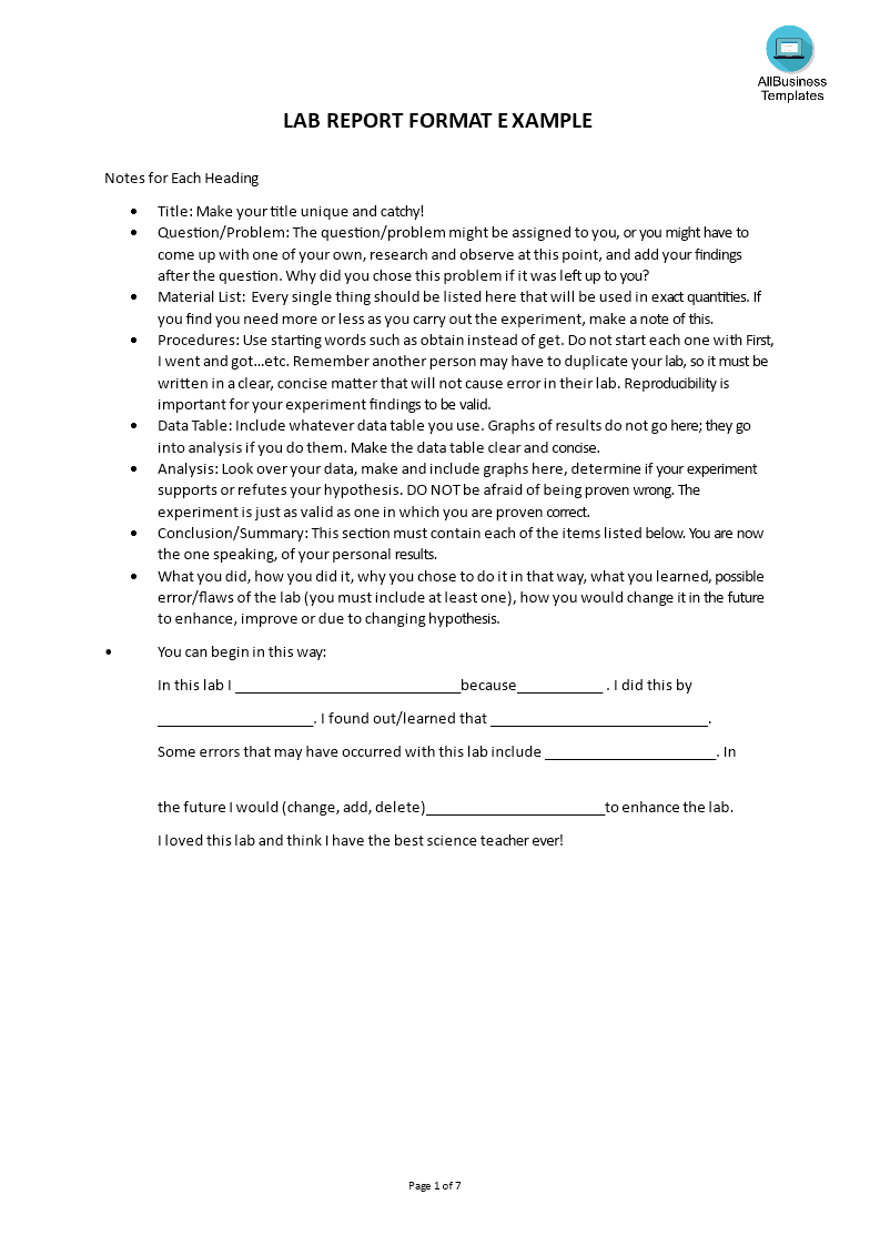 formal science lab report template template