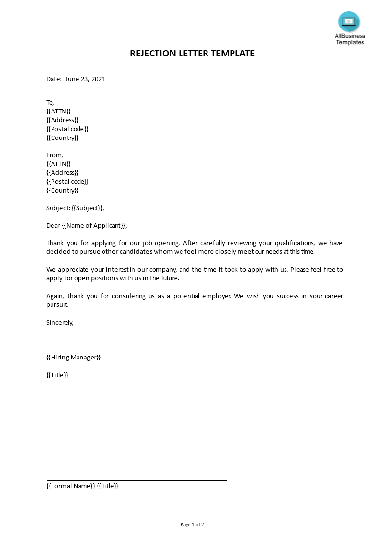 rejection letter template template