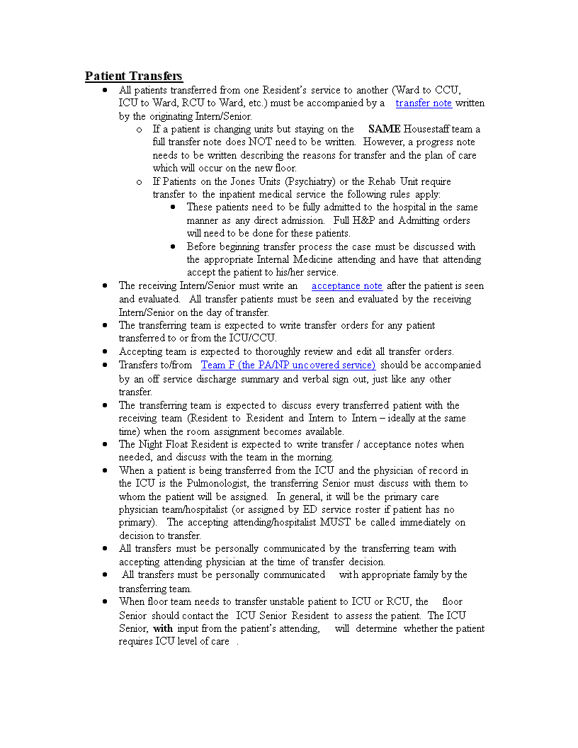 medical patients transfer note template