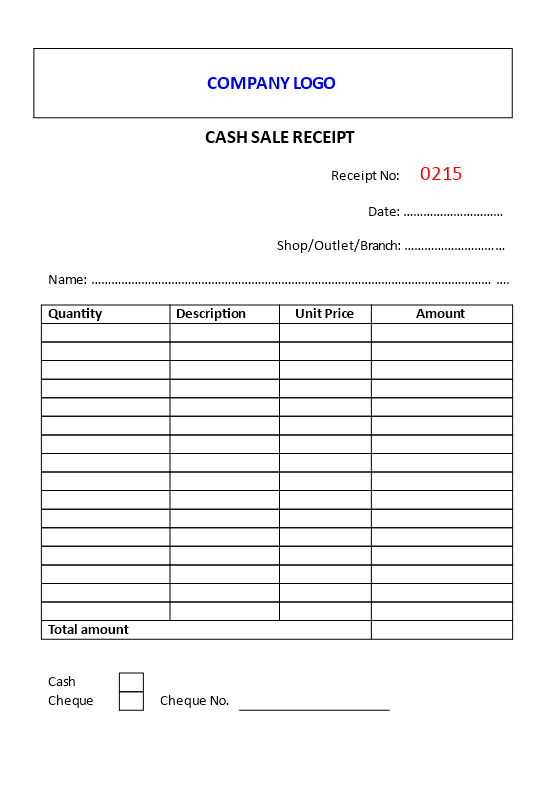 Cash Sale Receipt example 模板