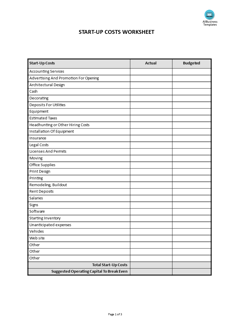 Start Up Costs Worksheet main image