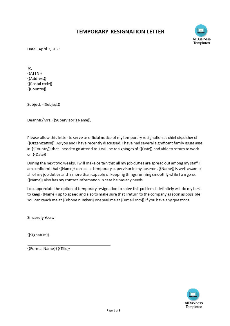 Kostenloses Temporary Resignation Letter Format