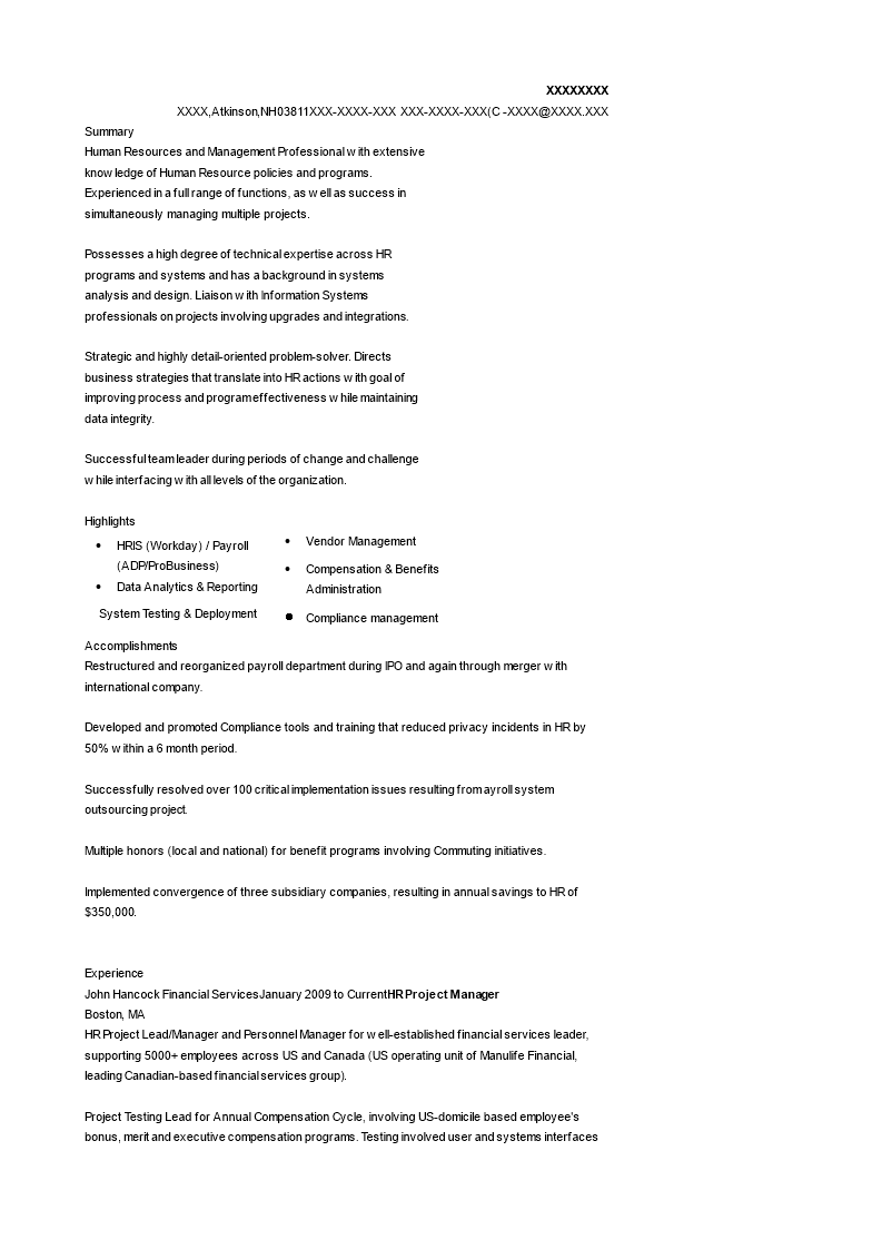 HR Project Manager Resume main image