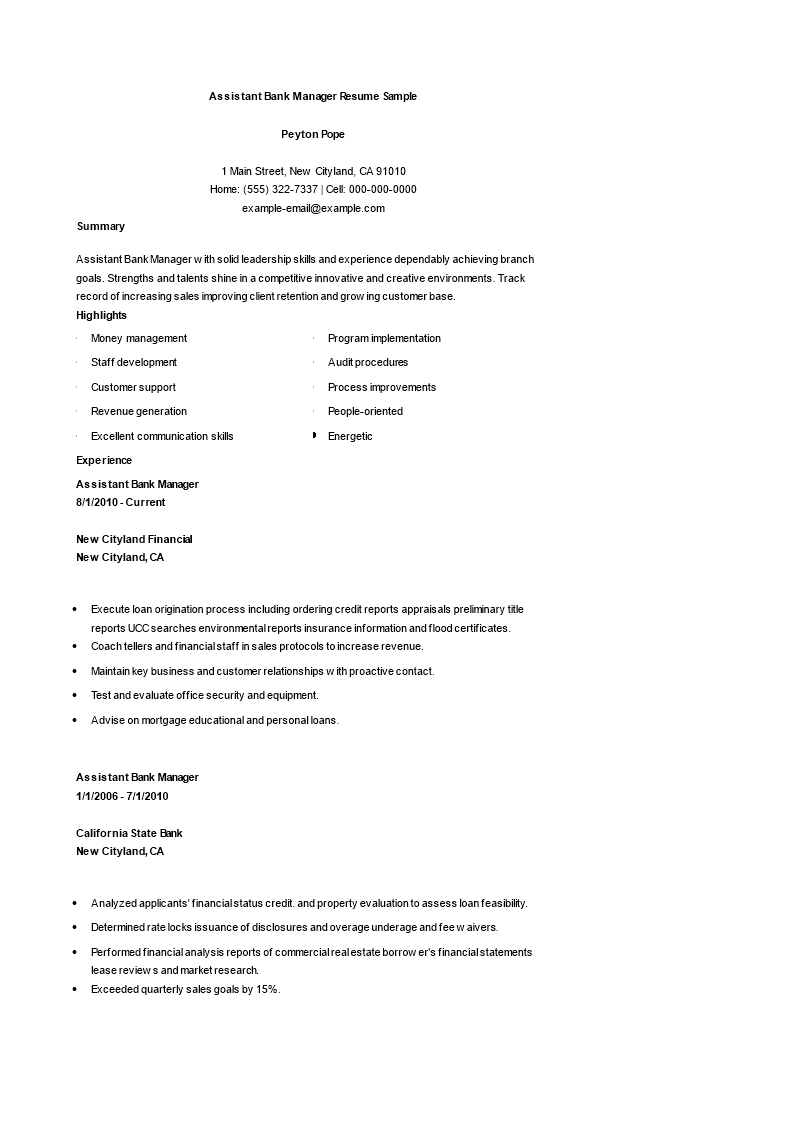 assistant bank manager resume sample template