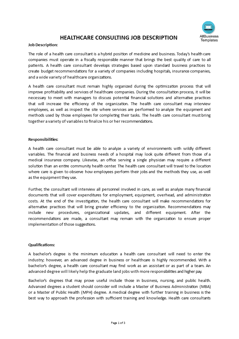 healthcare consulting job description modèles