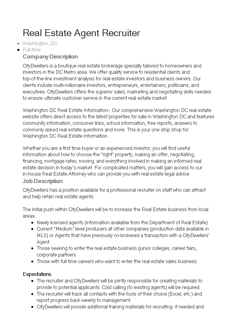 real estate agent recruiter job description template