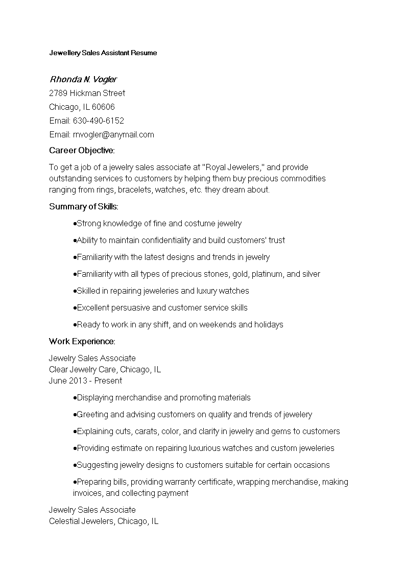 jewellery sales assistant resume template