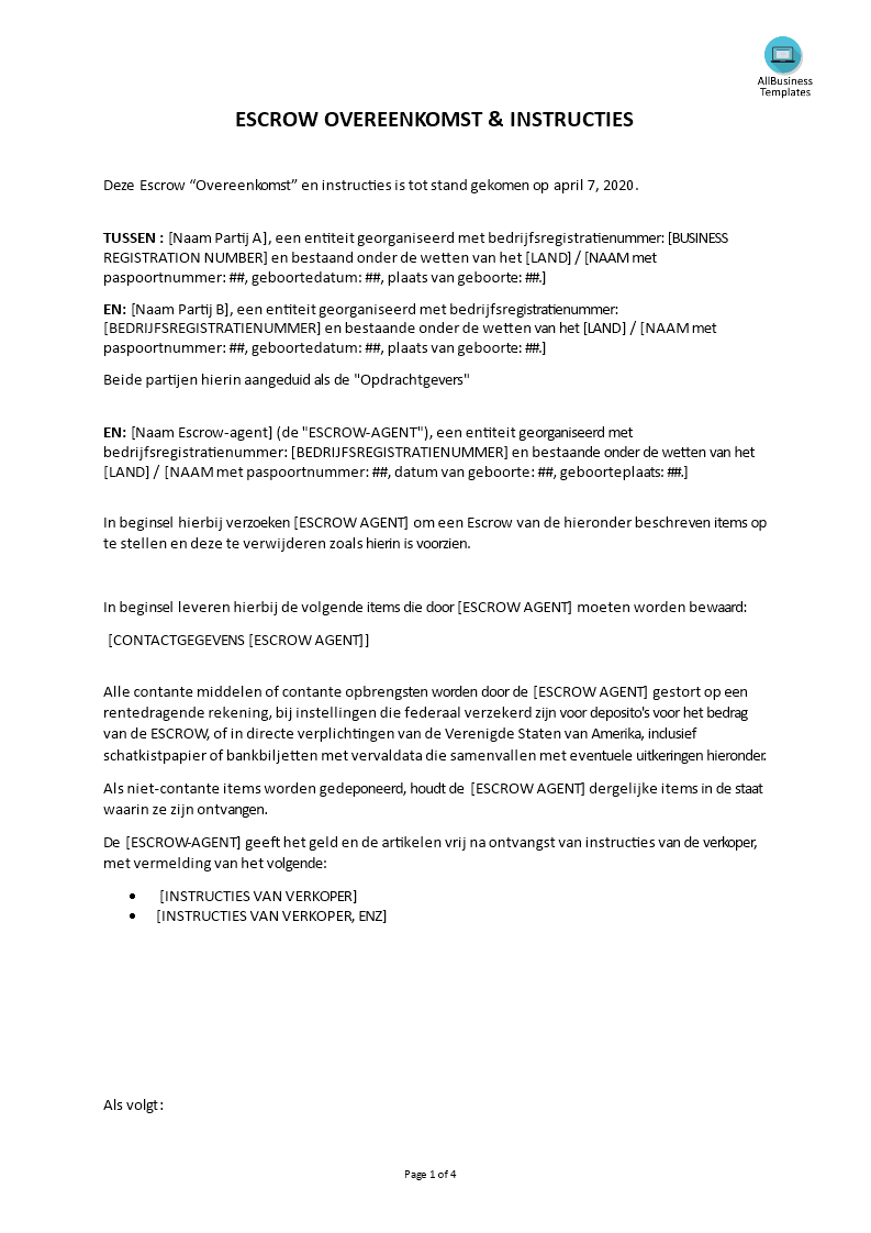 onroerend goed escrow overeenkomst en instructies template