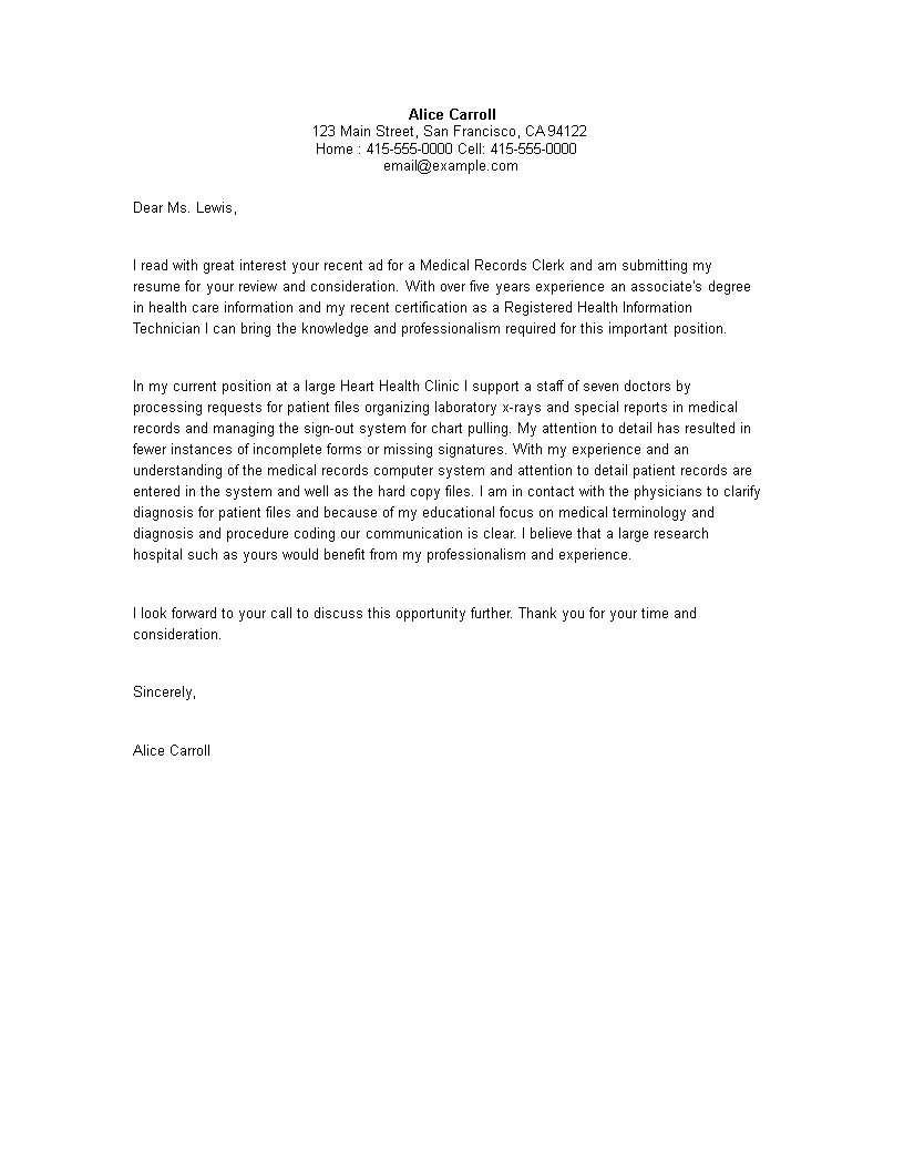 cover letter examples for medical job