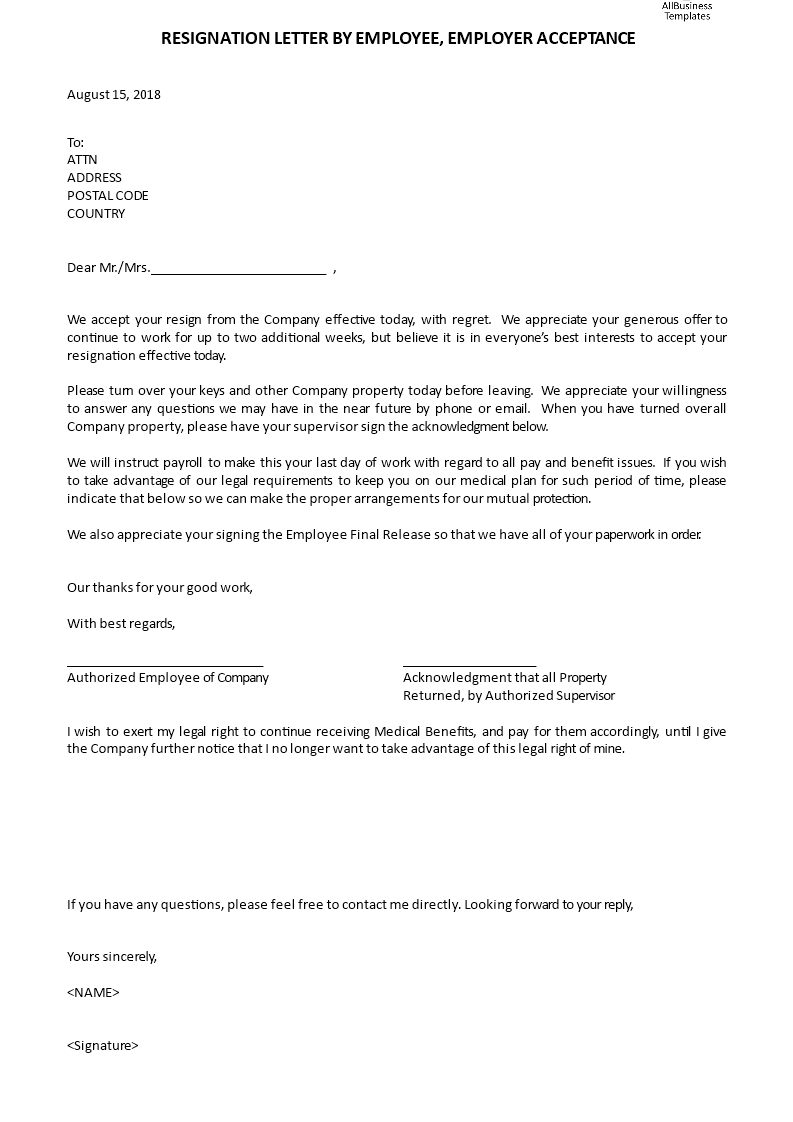 resignation letter by employee, employer acceptance voorbeeld afbeelding 