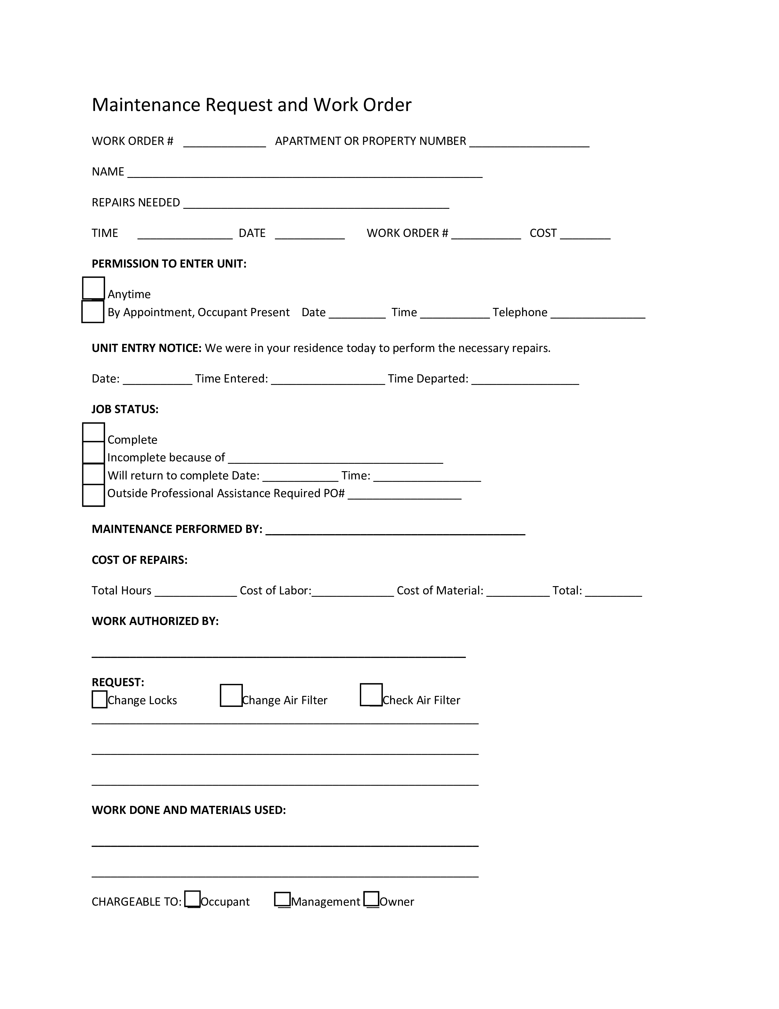 editable repair work order format modèles